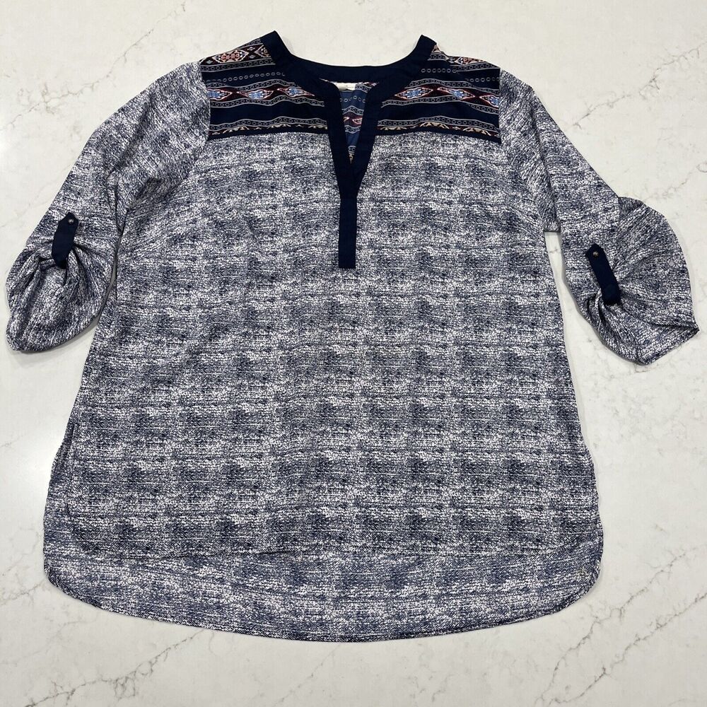 Antilia Femme Womens 1X Navy Blue Aztec Southwest‎ Roll Tab 3/4 Sleeve Top Shirt
